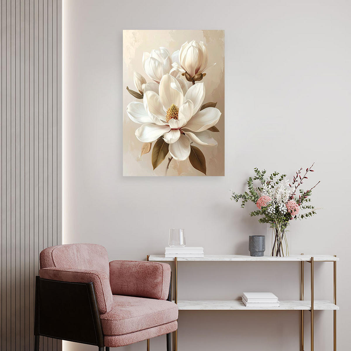 LEINWANDBILDER, Weiße Magnolien in einer eleganten beigen Komposition - Beige, Textil (60/90cm) - Feeby