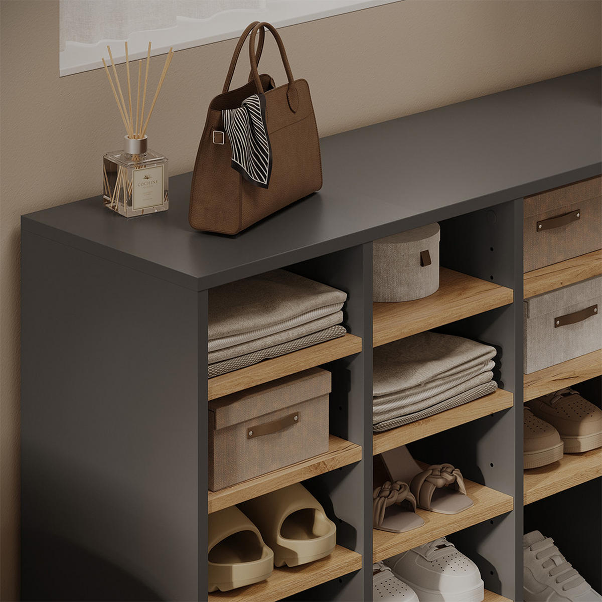 SCHUHSCHRANK Lysander, Anthrazit/Goldkraft Eiche, 104.2 x 65.5 cm mit 18 offenen Fächern - Honigeiche/Anthrazit, Holzwerkstoff (104.2/65.5/32.1cm) - Vicco