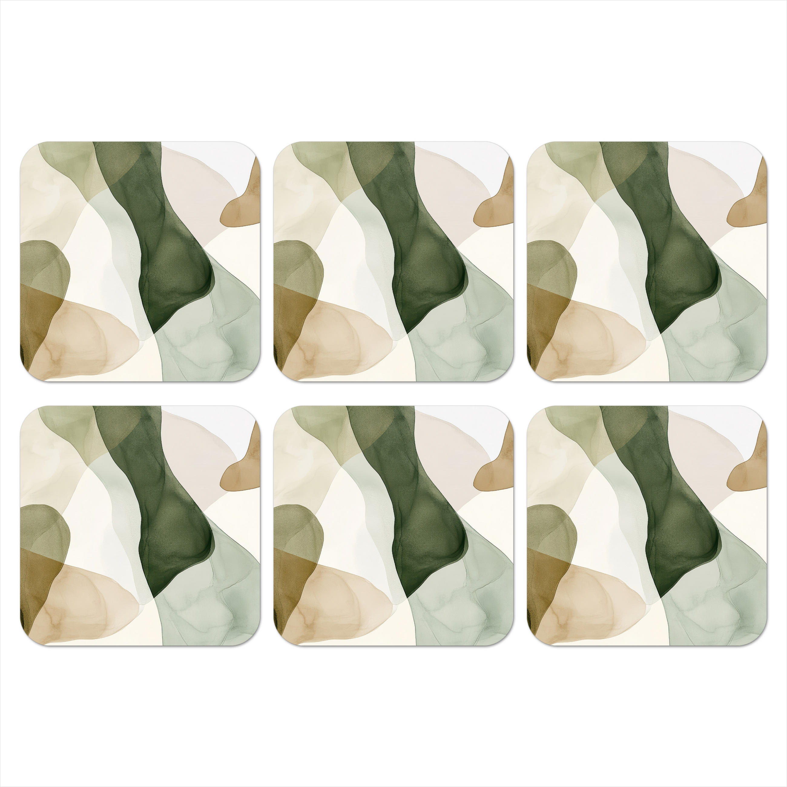 GLASUNTERSETZER 6er-Set Japandi - Abstrakt - Grün 10x10 cm - Dunkelgrün, Naturmaterialien (10/0.2cm) - MuchoWow