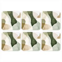 GLASUNTERSETZER 6er-Set Japandi - Abstrakt - Grün 10x10 cm - Dunkelgrün, Naturmaterialien (10/0.2cm) - MuchoWow