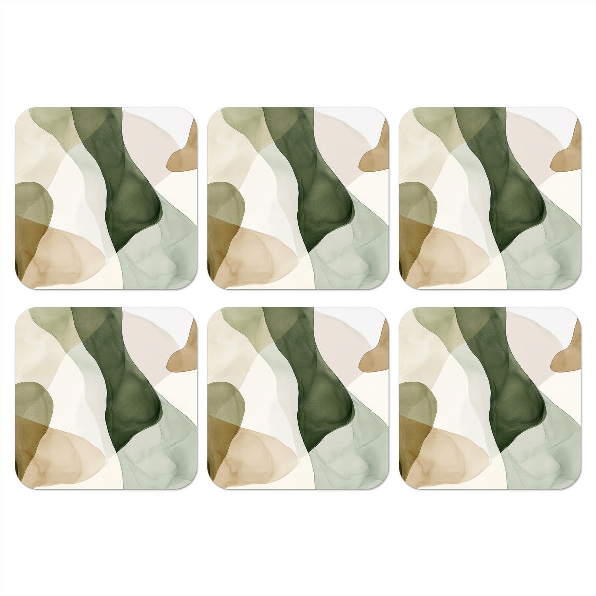 GLASUNTERSETZER 6er-Set Japandi - Abstrakt - Grün 10x10 cm - Dunkelgrün, Naturmaterialien (10/0.2cm) - MuchoWow