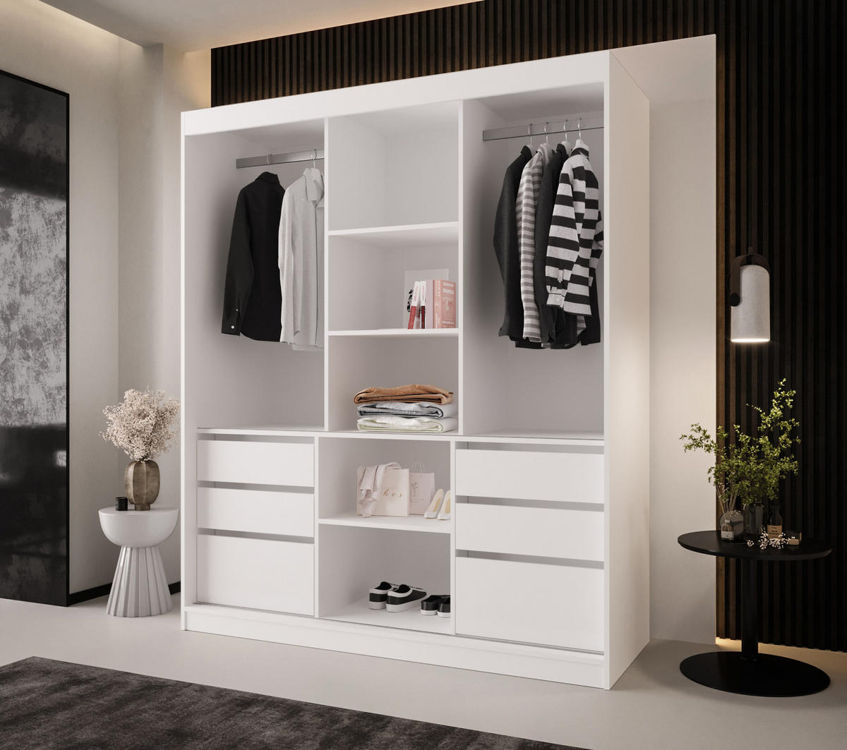 SCHIEBETÜRENSCHRANK PARMA 180, 2-türig Kleiderschrank mit 1 Spiegel, Moderne Garderobe, Schrank in Größe: 180 x 216 x 65 cm - Weiß, Holzwerkstoff (180/216/65cm) - O-Sofa