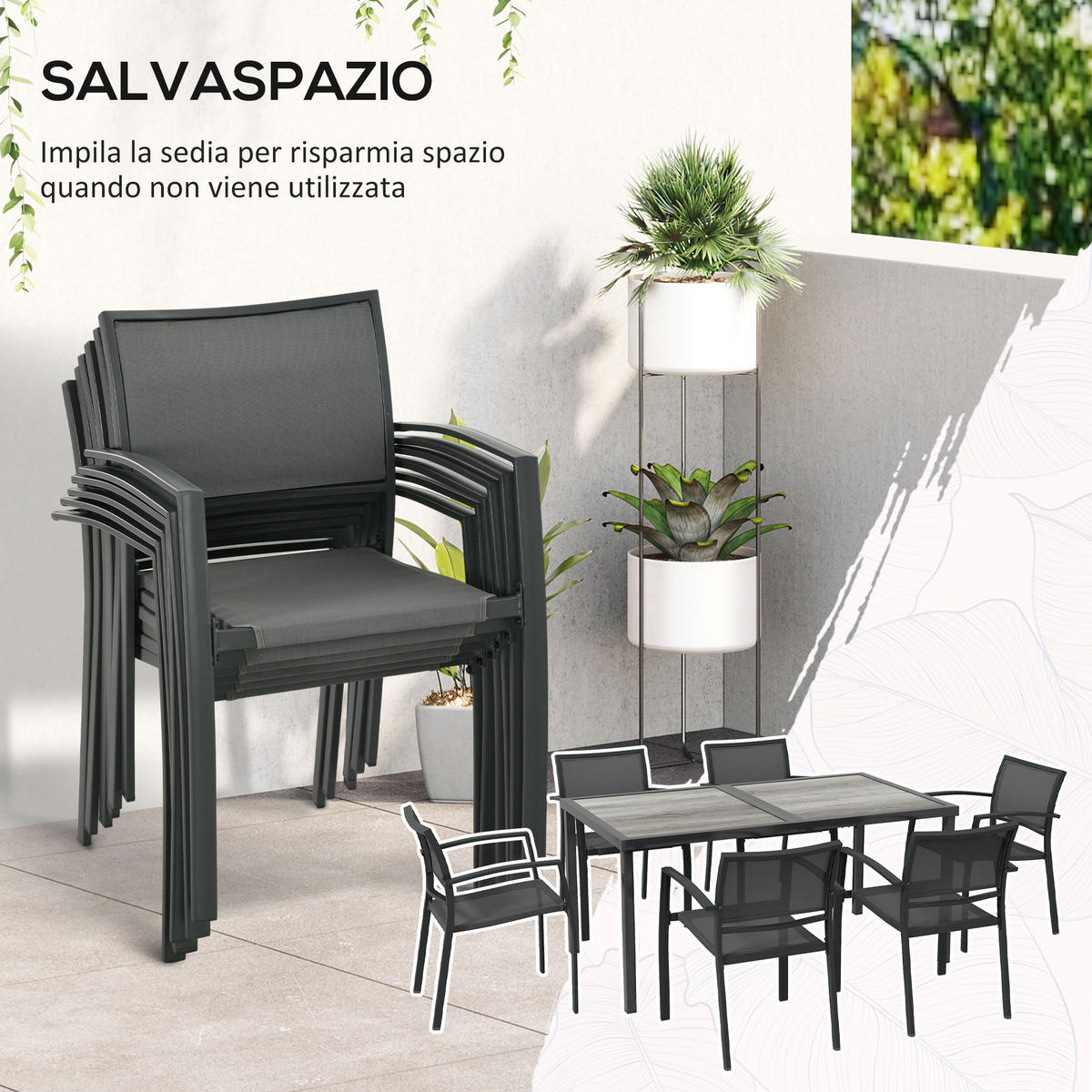 GARTENMÖBEL-SET,6 Netzstühle+Holzoptik Tisch,grau - Grau, Metall - Vallsero