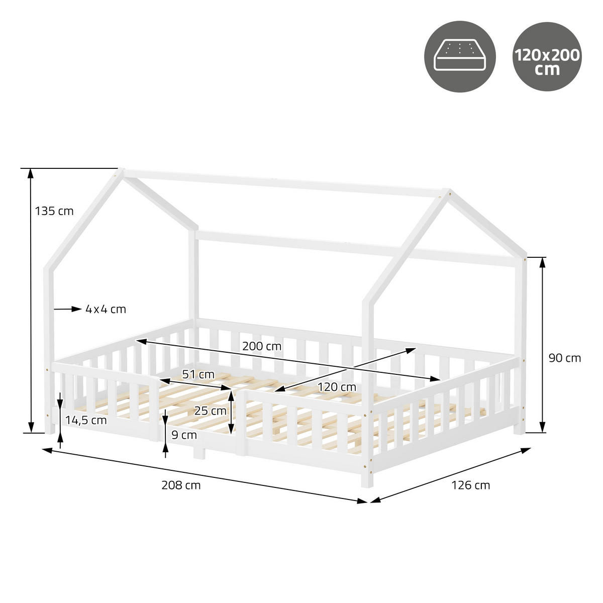 DĚTSKÁ POSTEL 120x200 cm s matrací a ochrannou zábranou proti vypadnutí, bílá, z borového dřeva - bílá, dřevo (120/200cm) - ML-DESIGN