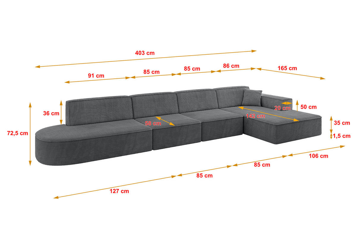 ECKSOFA Ottomane Rechts IREA-L3-v4 - 403x165x72,5 cm Duneklgrau - Dunkelgrau, Holzwerkstoff/Textil (403/165cm) - ALTDECOR