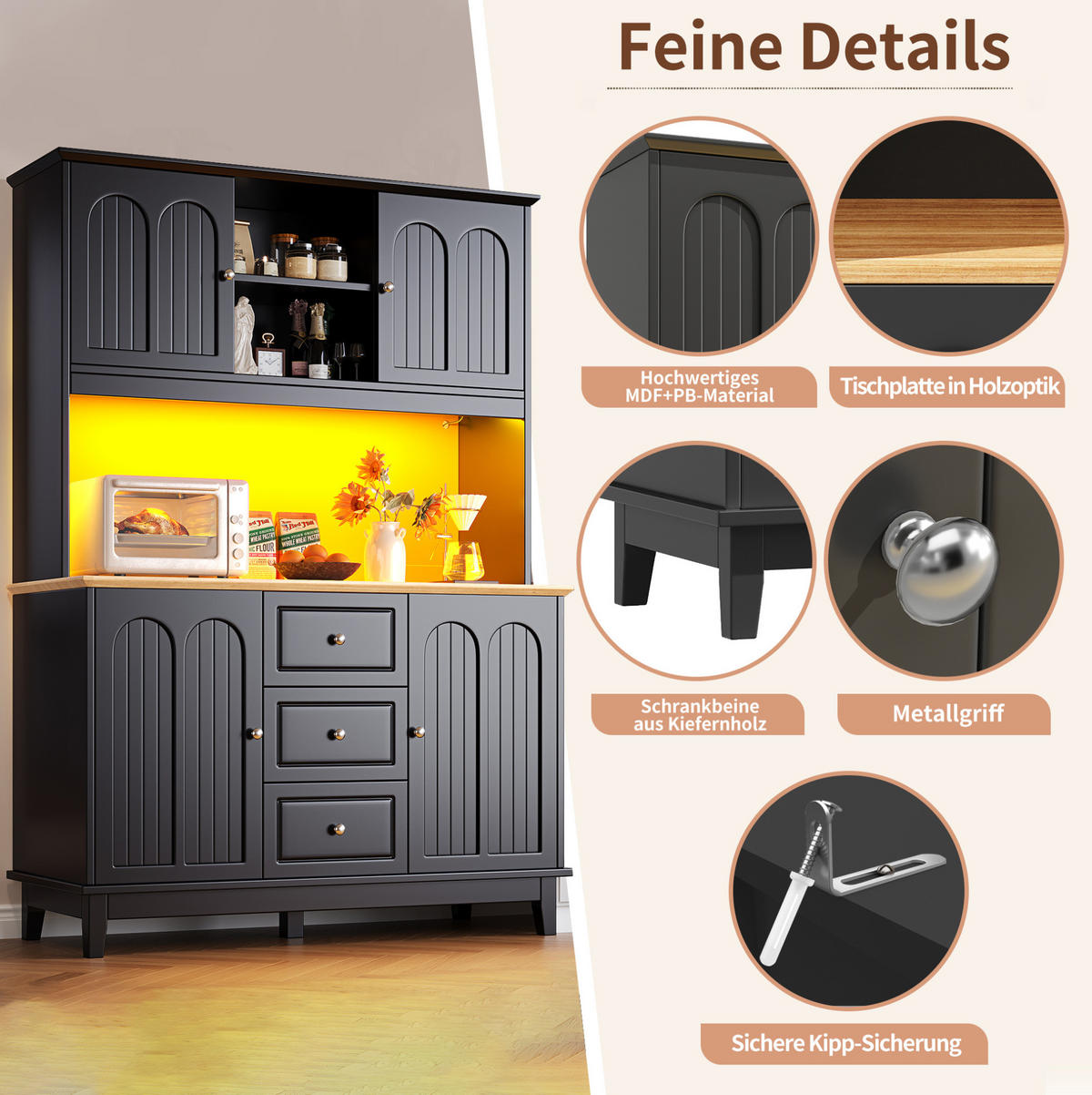 BUFFET 120/40/180 cm Schwarz/Natur aus MDF mit LED - Schwarz, Holzwerkstoff (120/180/40cm) - OKWISH