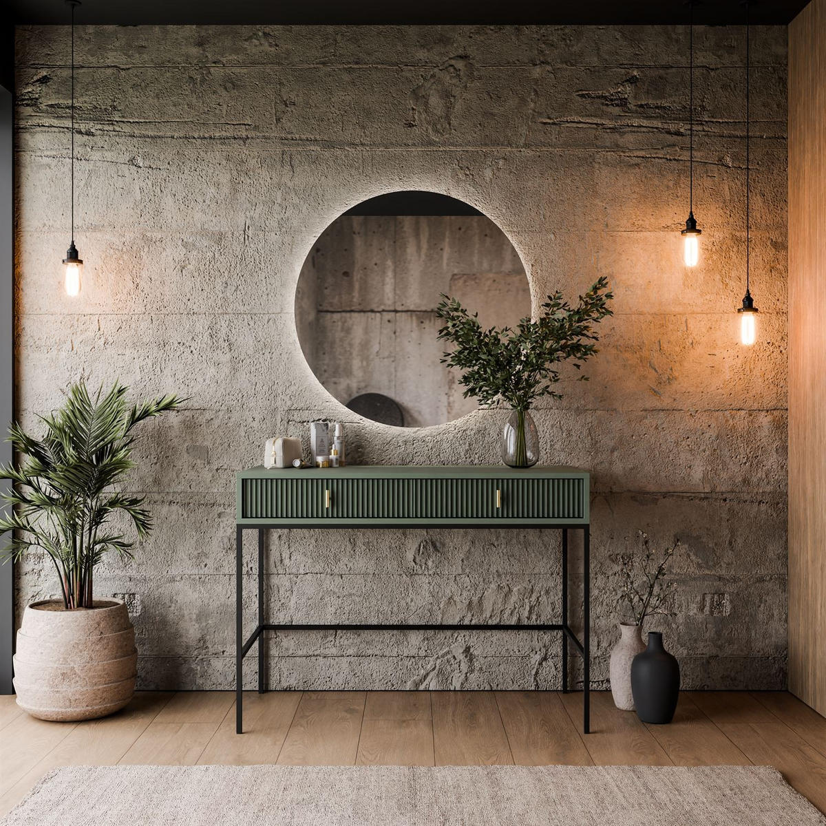 FRISIERTISCH MIDNIGHT auf Gestell mit Spiegel und LED-Beleuchtung grün - Schwarz/Grün, Holzwerkstoff (104/77/50cm) - Lookway