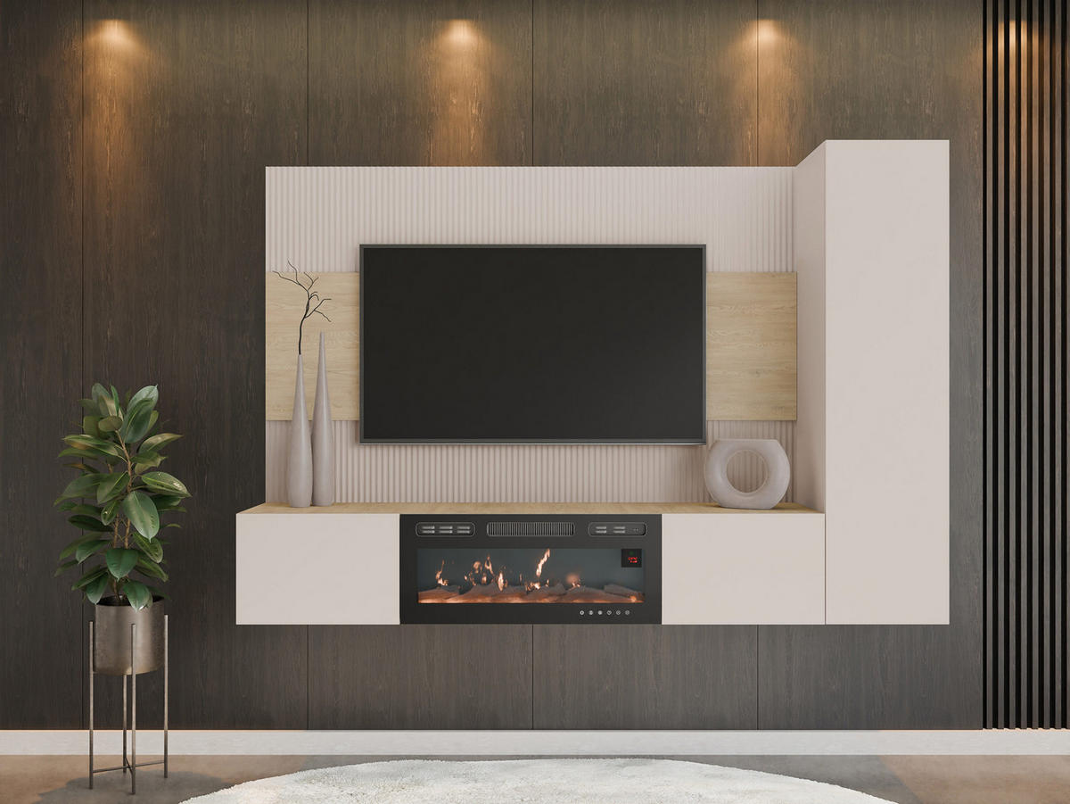 WOHNWAND Deromi VI mit Kamin - Beige, Holzwerkstoff (220/150/38cm) - MIRJAN24