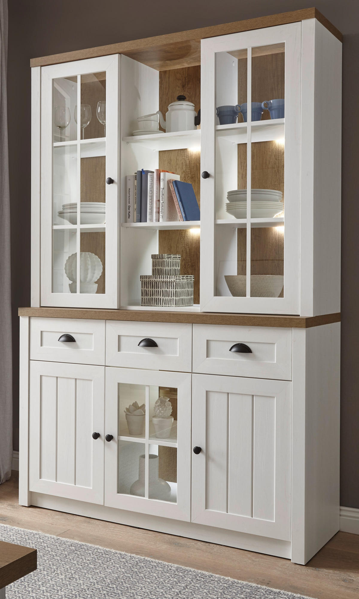 BUFFETSCHRANK weiß Pinie, Eiche hell Landhaus, Buffet 130 x 198 cm - Eichefarben/Schwarz, Holzwerkstoff/Metall (130/198/43cm) - Furn.Design