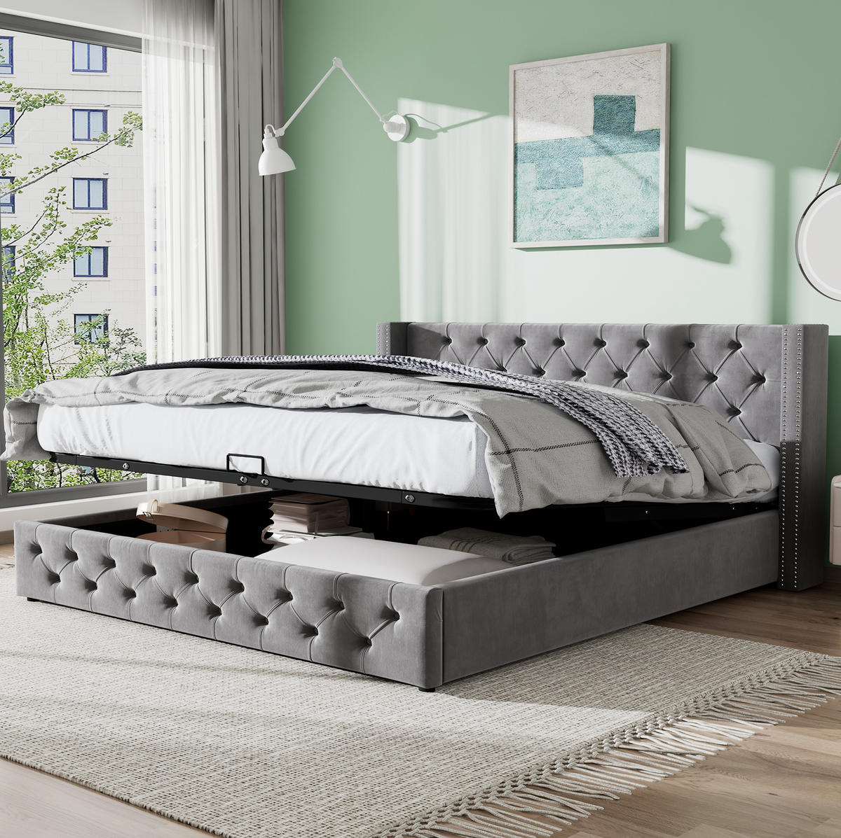 POLSTERBETT 160/200 cm Grau aus Samt mit Bettkasten und Chesterfield-Optik - Grau, Textil (160/200cm) - Flora Grace