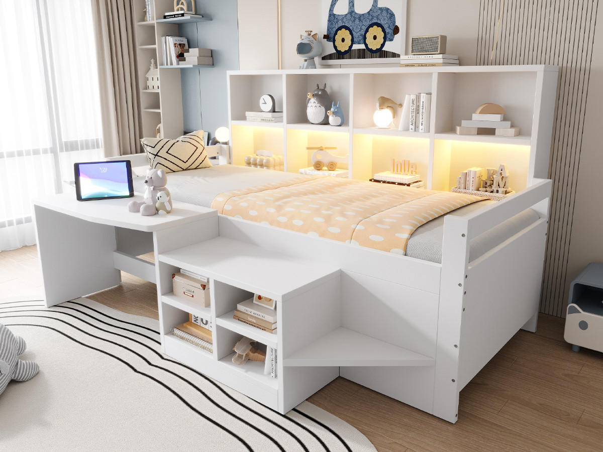 HOCHBETT 90/200 cm in Weiß mit Schreibtisch, Staufächern und LED - Weiß, Holz/Holzwerkstoff (90/200cm) - CHICFURN
