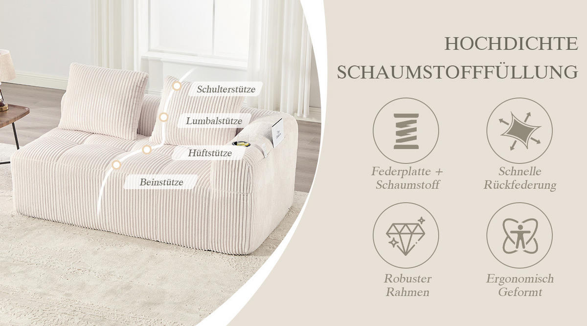2-SITZER 158/93/61 cm Beige aus Cord mit Becherhalter - Beige, Textil (93/61/158cm) - OKMYHOME