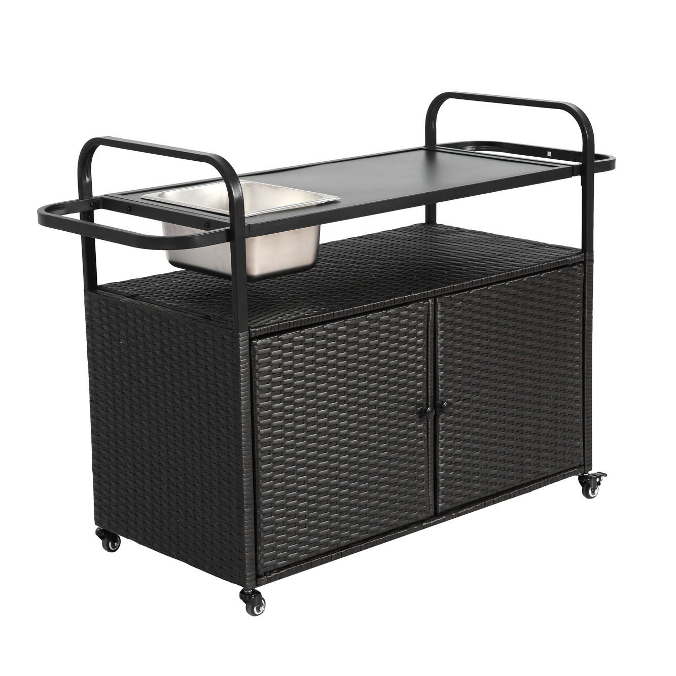 OUTDOOR-BARWAGEN 131 cm Schwarz Stahl & Rattan – Servierwagen mit Eisbehälter, Schrank & Lenkrollen - Schwarz, Metall (131/91/50cm) - Urban Meuble