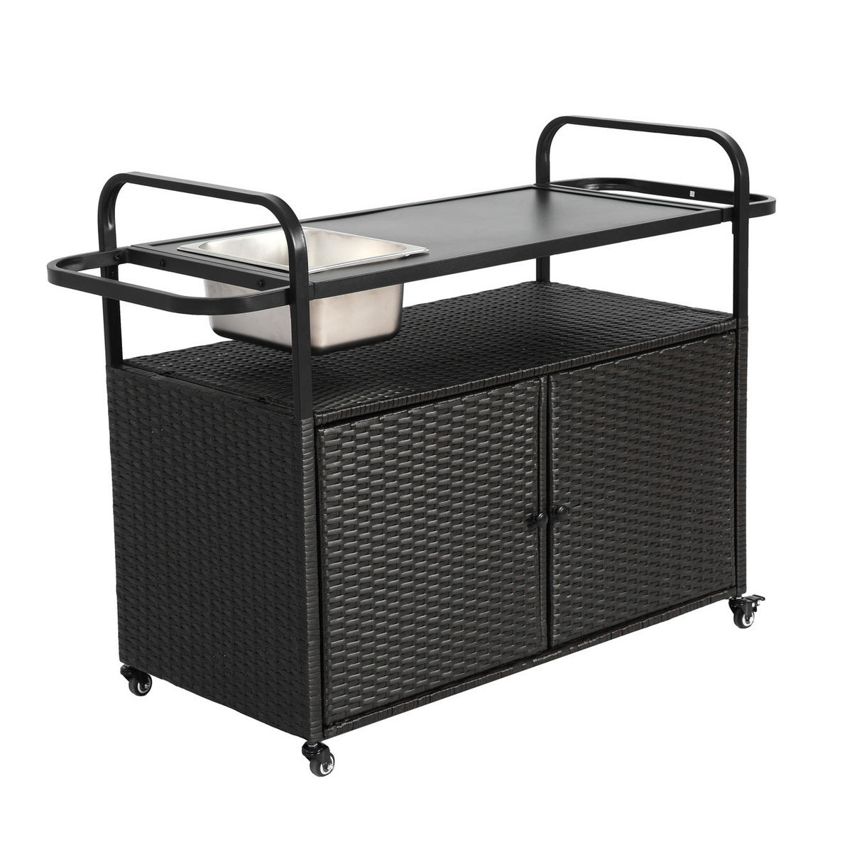 OUTDOOR-BARWAGEN 131 cm Schwarz Stahl & Rattan – Servierwagen mit Eisbehälter, Schrank & Lenkrollen - Schwarz, Metall (131/91/50cm) - Urban Meuble
