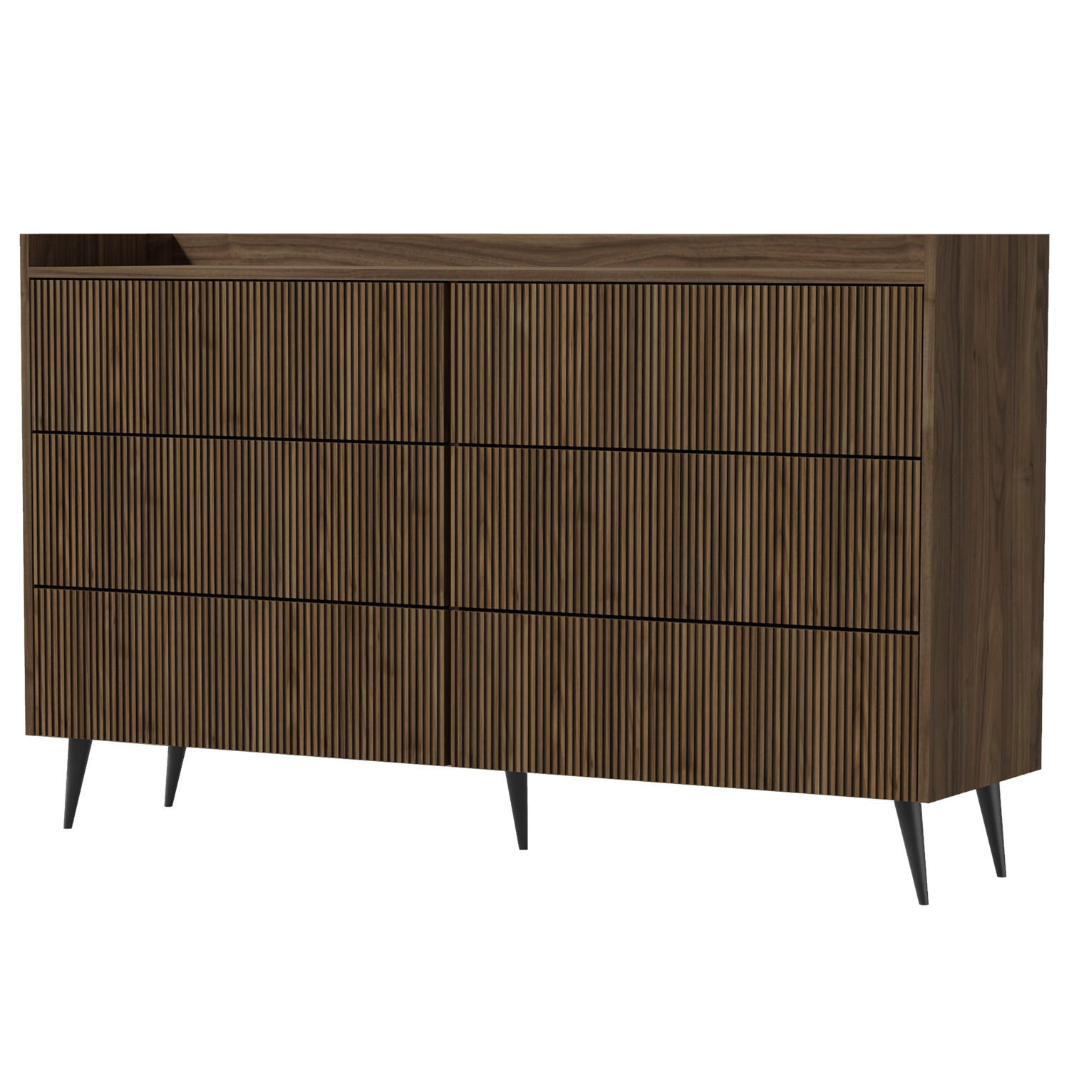 KOMMODE Amfali mit 6 Schubladen, geriffelte Fronten, Push-to-open, Metallbeine, 150 cm, Walnussfarben - Walnussfarben/Schwarz, Holzwerkstoff/Metall (150/92/41cm) - Beautysofa