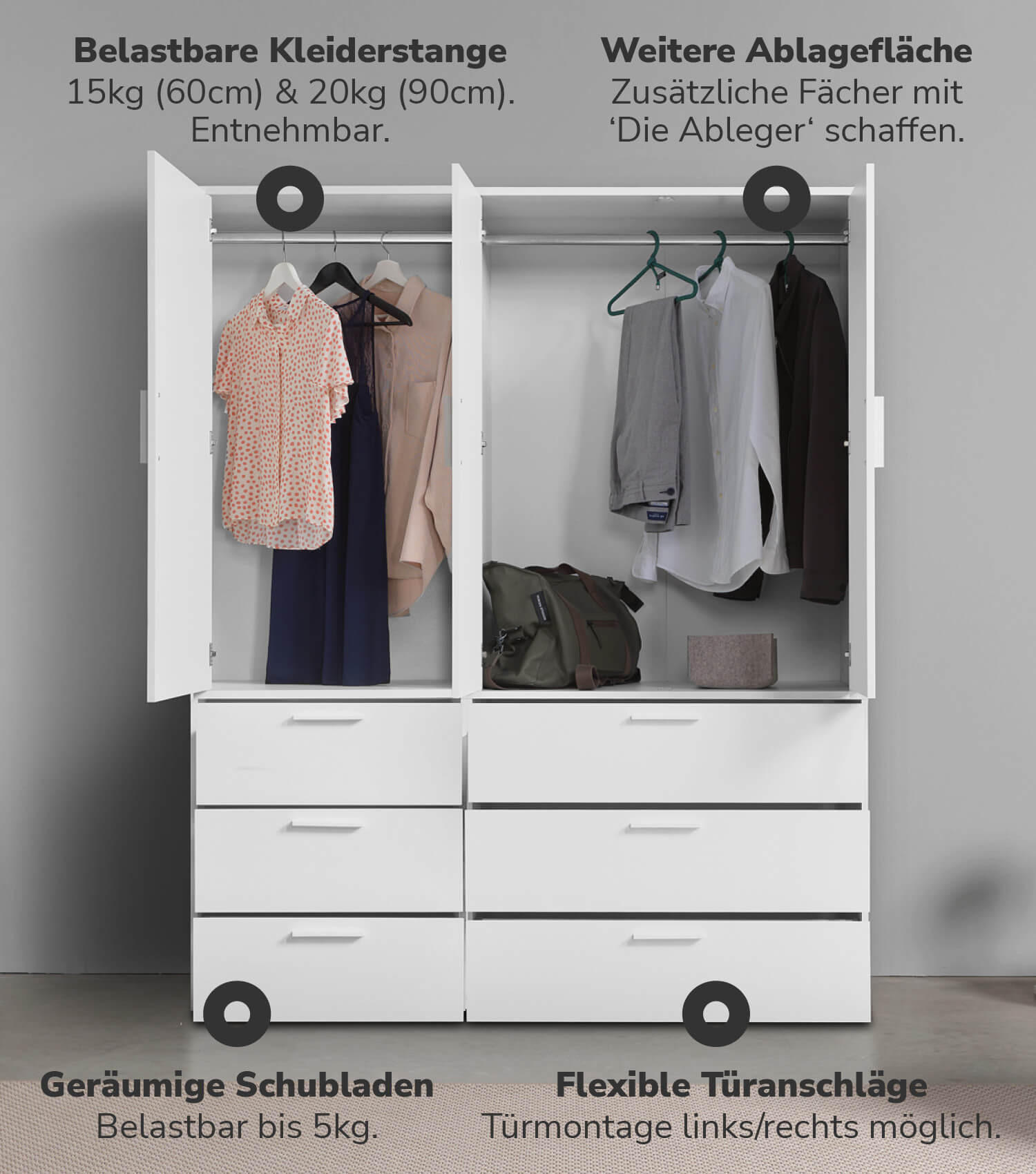 KLEIDERSCHRANK Der Grenzenlose - Weiß, Holzwerkstoff (150/187/58cm) - Mokebo