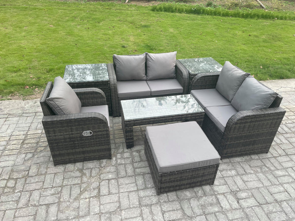 GARTENSOFA SET mit rechteckigem COUCHTISCH Polyrattan 6-Sitzer Dunkelgrau - Dunkelgrau/Grau, Glas/Kunststoff - Fimous