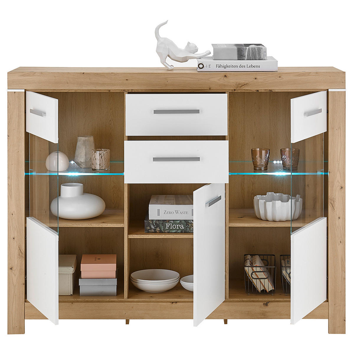 BELEUCHTETES SIDEBOARD - Weiß / Eiche Artisan Dekor - Eichefarben/Silberfarben, Holzwerkstoff/Kunststoff (160/125/45cm) - home24