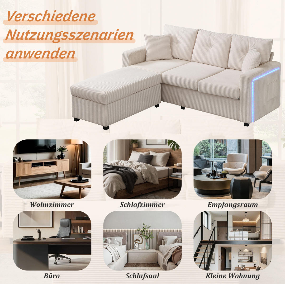 SOFA L-Form mit LED und Hocker Cord Beige 5-Kissen-Set - Beige, Kunststoff (184/84.5cm) - IVMEU