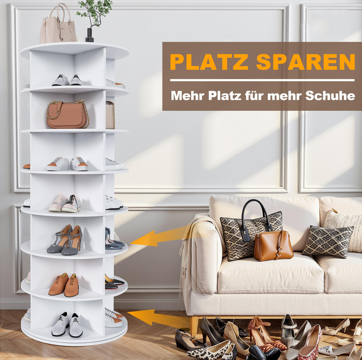 SCHUHREGAL aus PVC 60x60x161 cm Weiß mit 360° Drehfunktion und 7 Ebenen für bis zu 28 Paar Schuhe - Weiß, Kunststoff (60/161/60cm) - Modfu