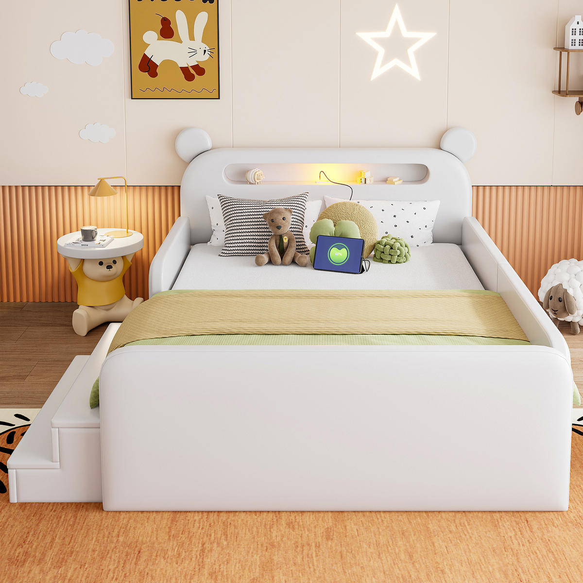 KINDERBETT 140/200 cm in Weiß mit Bettkasten, Nachtlicht und USB - Weiß, Holzwerkstoff/Textil (140/200cm) - CHICFURN