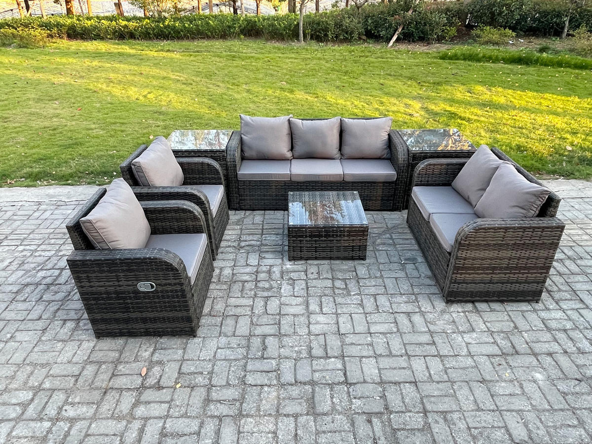 GARTENSOFA SET mit Couchtisch Polyrattan Dunkelgrau 7-teilige - Dunkelgrau/Grau, Glas/Kunststoff - Fimous