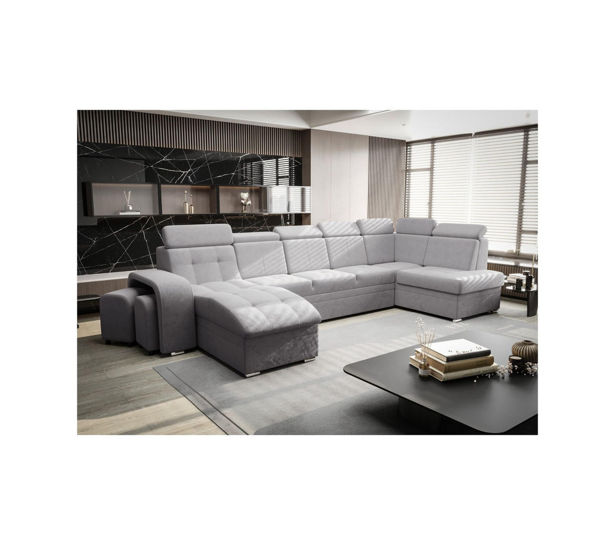 WOHNLANDSCHAFT KONGO RBN13, Eckcouch in U-Form mit Schlaffunktion, Farbe: Grau, Velourstoff, Ottomane Links - Grau, Textil (392/108/180cm) - O-Sofa