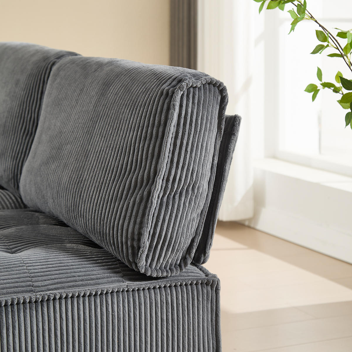 WOHNLANDSCHAFT 6-Sitzer Cord Grau mit Seitentaschen - Grau, Holzwerkstoff/Kunststoff (308/82/154cm) - WISHDOR