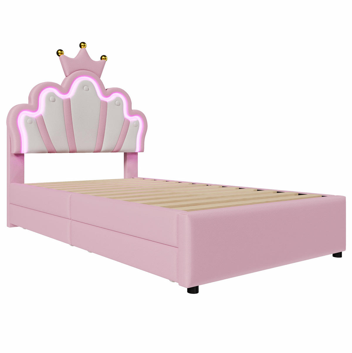 ČALÚNENÁ posteľ 90/200 cm ružová s LED osvetlením a 2 zásuvkami z PU a MDF - ružová, plast (90/200cm) - OKWISH