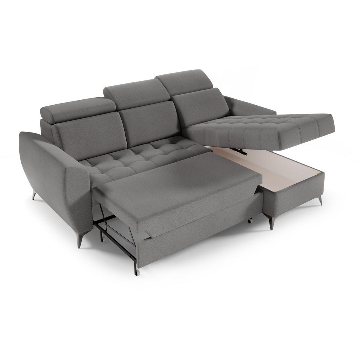 ECKSCHLAFSOFA Aurora I verstellbare Kopfstützen, Dunkelgrau - Dunkelgrau/Schwarz, Textil (235/176cm) - Beautysofa