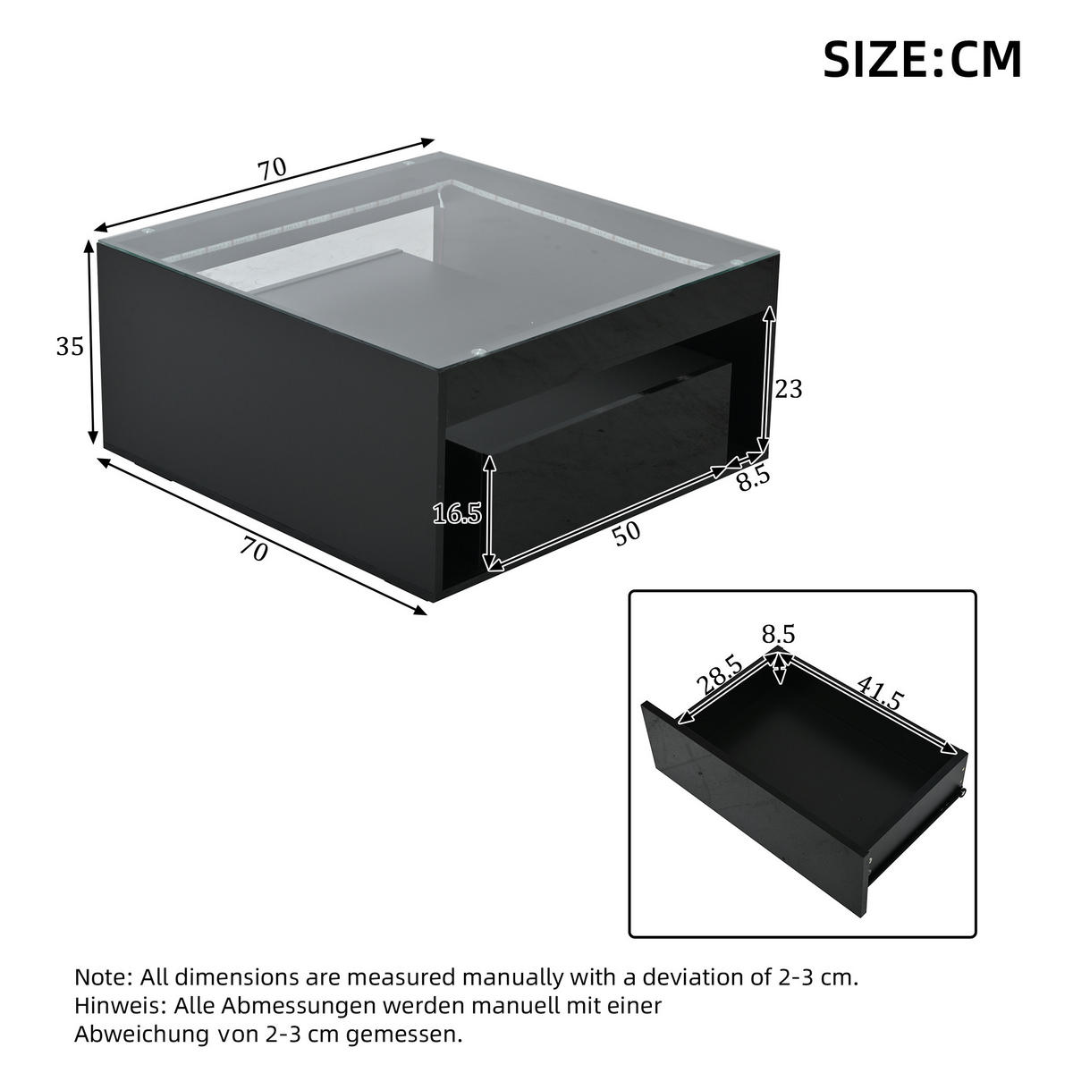 COUCHTISCH DE-083 LED-Glas Schwarz - Schwarz, Holzwerkstoff (70/70/35cm) - ComfortXL