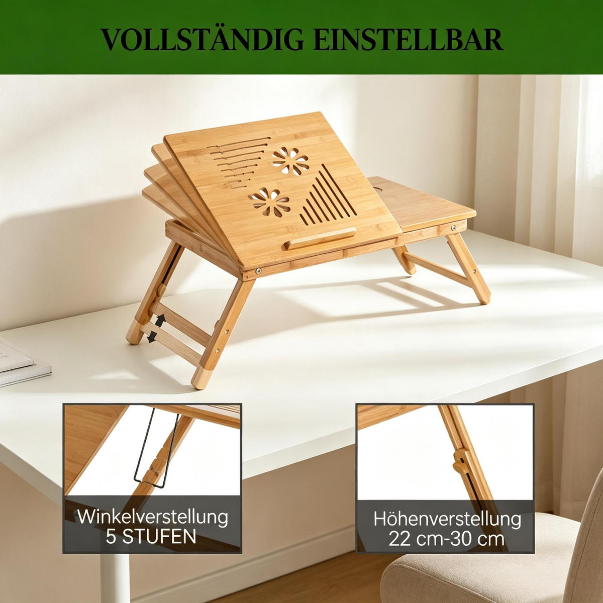 LAPTOPTISCH DE-37258 klappbar höhenverstellbar mit Schublade Natur - Naturfarben, Naturmaterialien (55/35/32.5cm) - ComfortXL