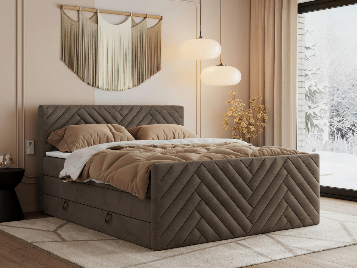 BOXSPRINGBETT PARIS KING DUO - 120/200 - Braun Velvet - H3 - Braun, Holz/Textil (120/200cm) - MKS