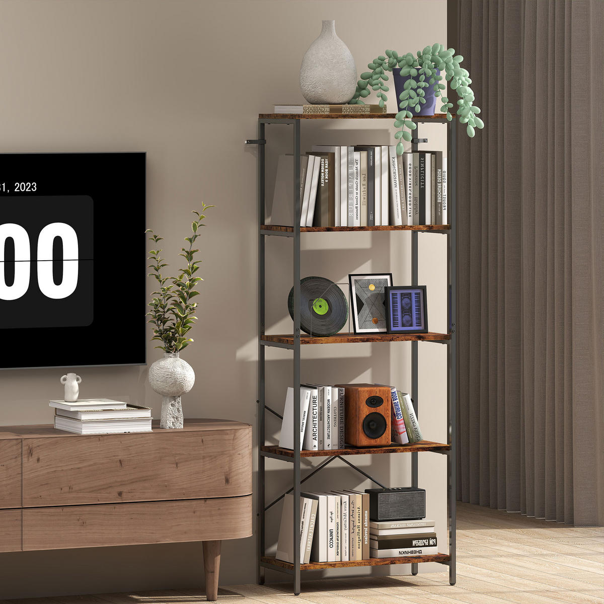 BÜCHERREGAL Standregal mit 5 Ebenen Büroregal Braun - Schwarz/Braun, Metall (35/161/79cm) - HOMCOM