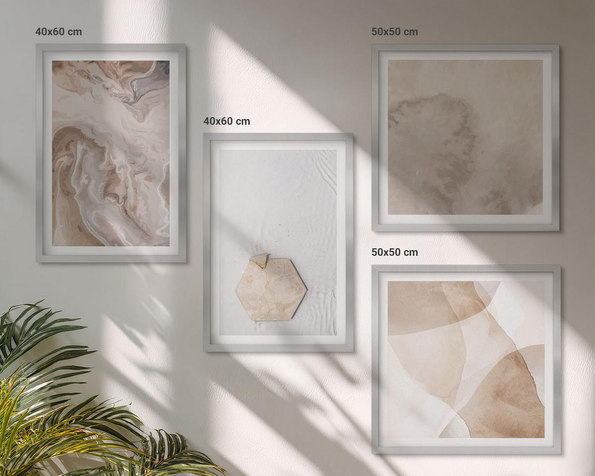 BILDER SET 4er Set - 50x50 cm & 40x60 cm Silberner Rahmen - Designabstraktion, Naturinspiration - Silberfarben, Kunststoff (50/50cm) - TULUP