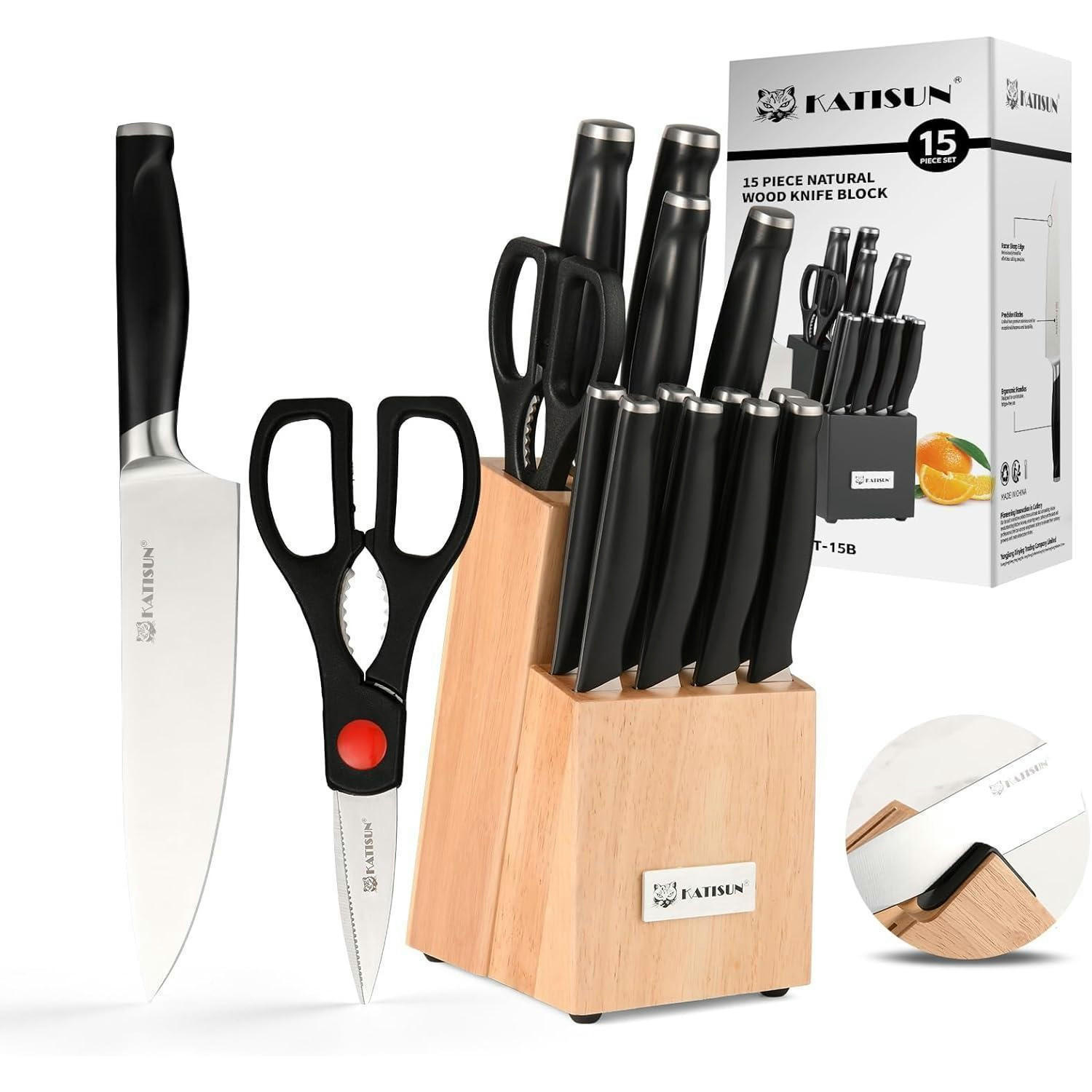 MESSERBLOCK-SET 15-teilig Deutsche Stahl Schwarz/Natürlich - Schwarz, Holz (16.6/37.2/17.7cm)