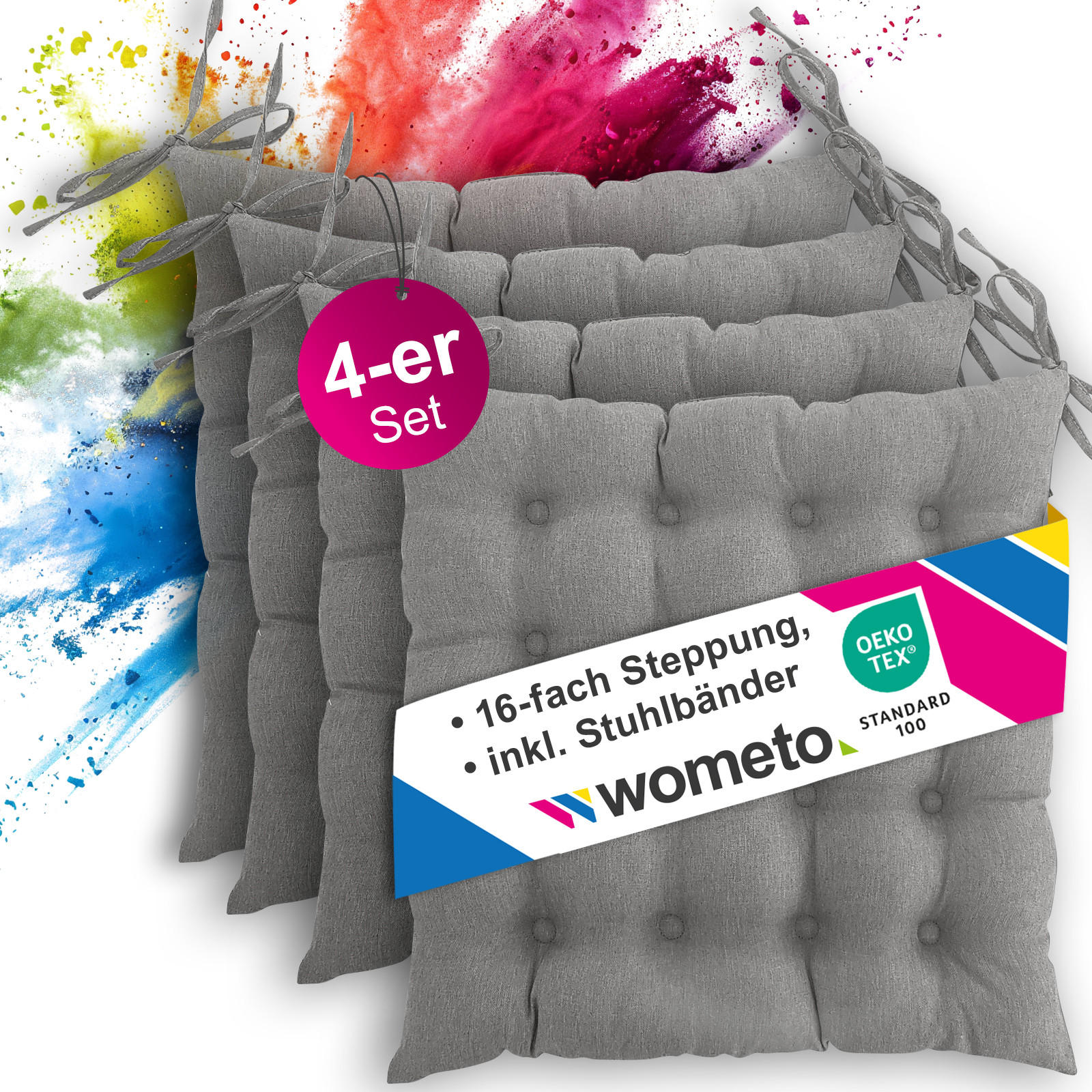 SITZKISSEN 4er Set 16-Punkt grau 40/40 cm mit Steppung und Halte-Bändern - Grau, Textil (40/40/4cm) - wometo
