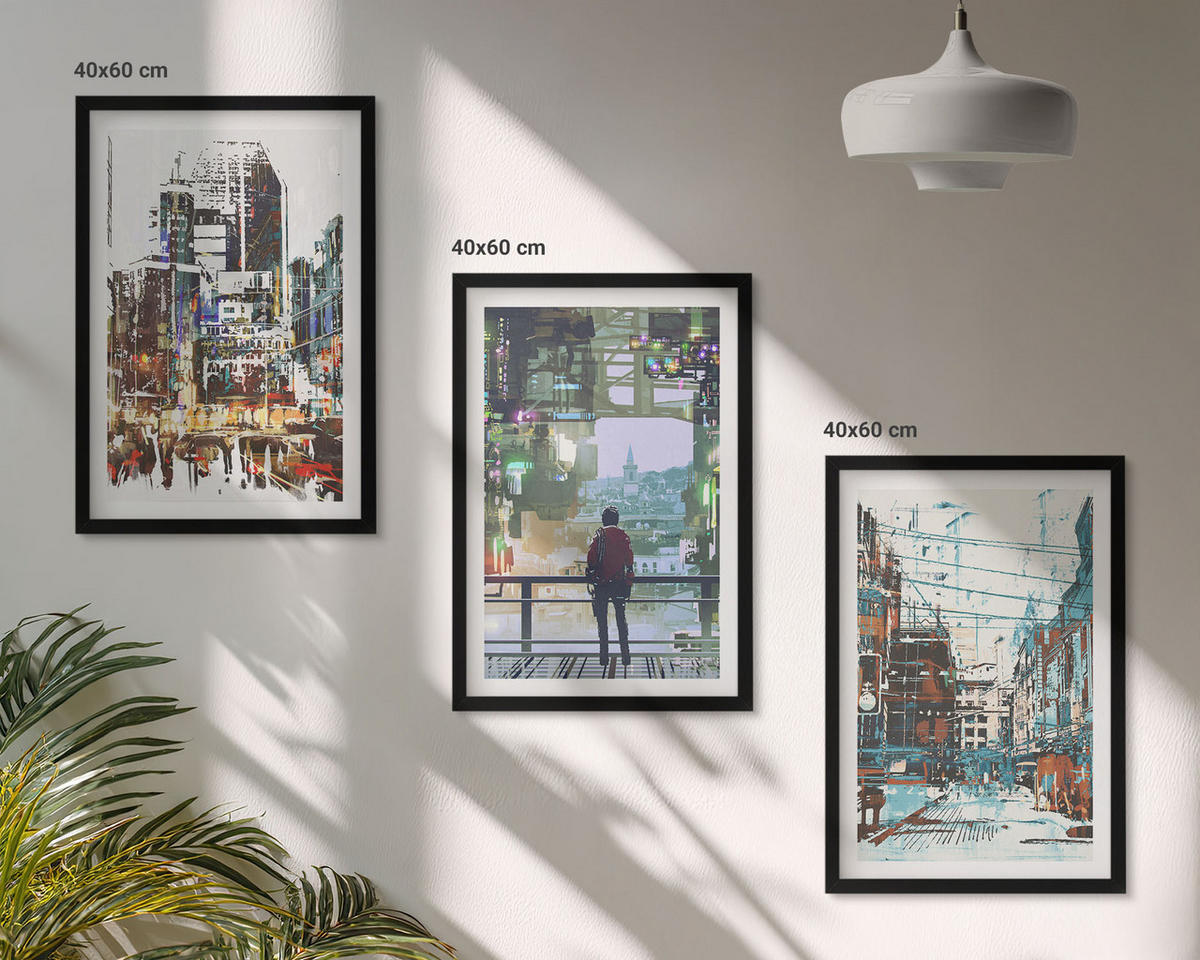 WANDBILDER 3er-Set - 40x60 cm Schwarzer Rahmen - Moderne Städte, bunte Charaktere - Schwarz, Kunststoff (40/60cm) - ArtPrintCave