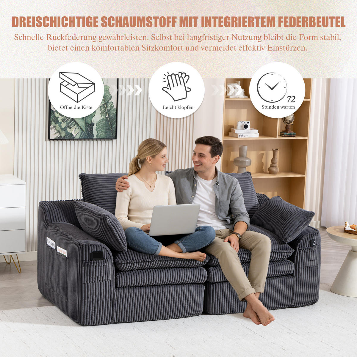 2-SITZER-SOFA 191/94/85 cm dunkelgrau aus Cord mit Seitentaschen und Federkern - Dunkelgrau, Textil (94/85/191cm) - Modenvie