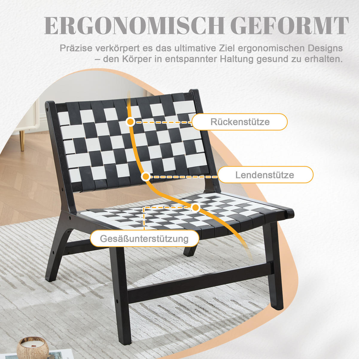 RELAXSESSEL mit Holzgestell, Kunstleder Flechtwerk, Breite Sitzfläche, Schwarz - Schwarz/Weiß, Holz (66/72/71cm) - LVHOM