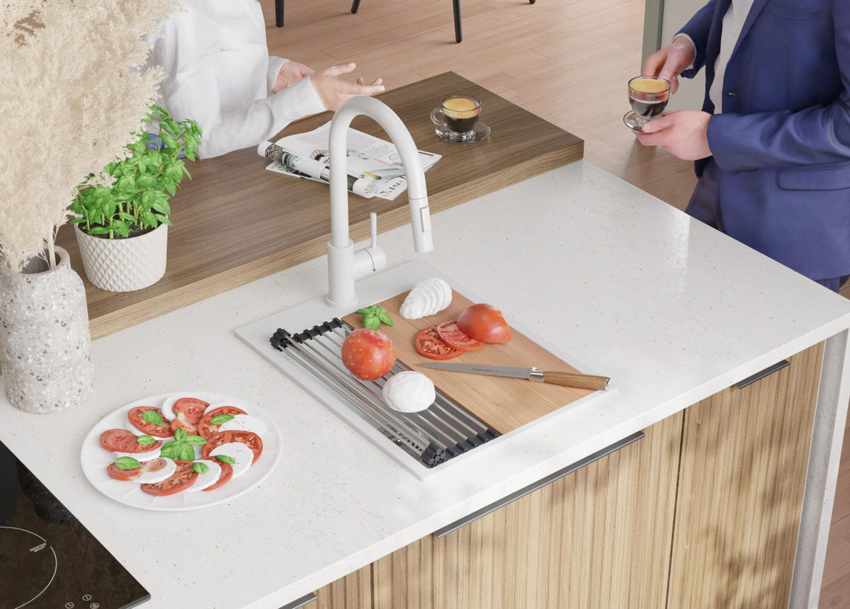 SPÜLBECKEN Oslo, 2-er set Alles Weiß 38/50 cm 1 Becken + Ablauf-Set + Schneidebrett ab 40er Unterschrank - Beige/Weiß, Kunststoff (38/20/50cm) - Primagran