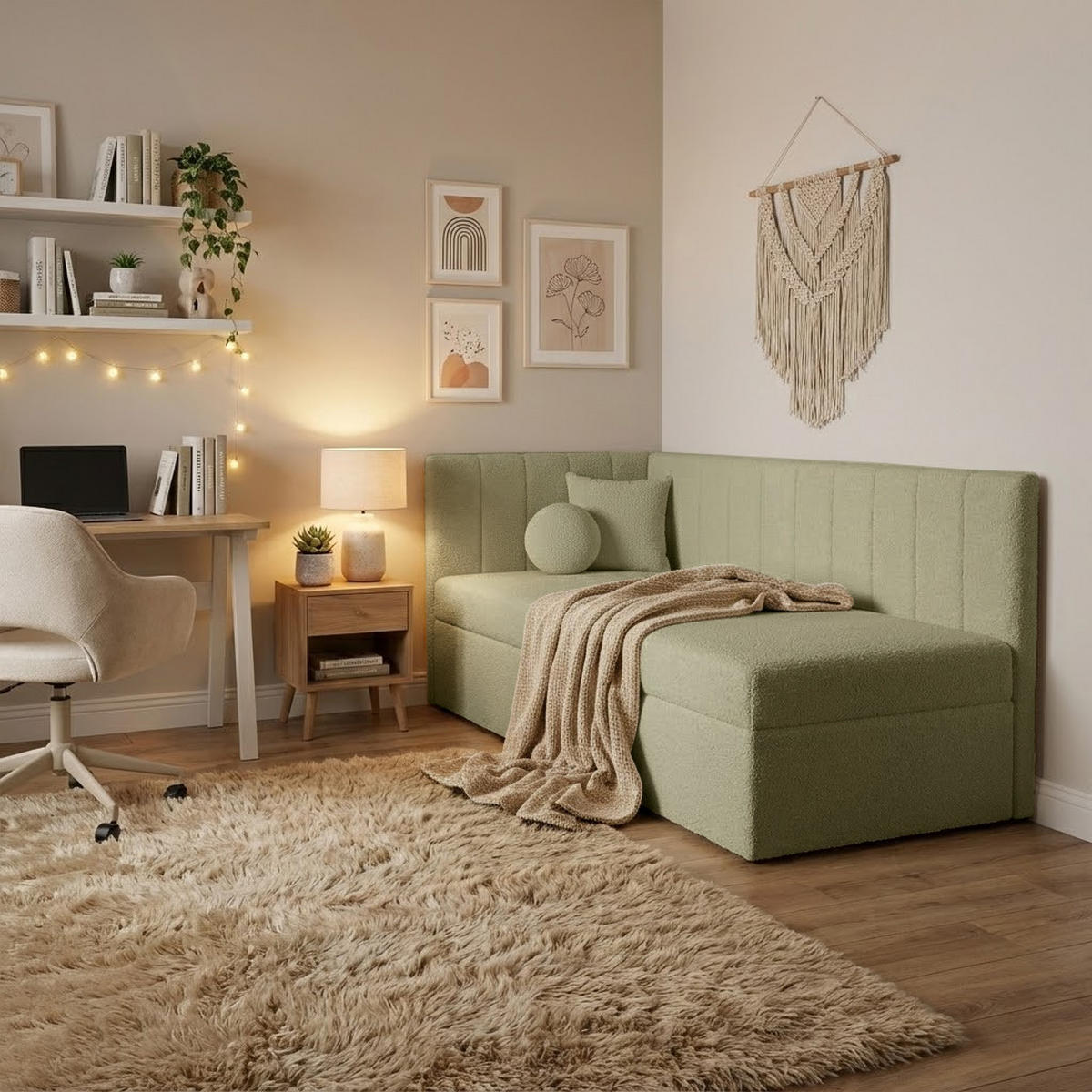 SCHLAFSOFA Rafi, Eckbett mit Bettkasten, 90x200 cm, Hellgrün - Hellgrün, Textil (209/94/102cm) - Beautysofa