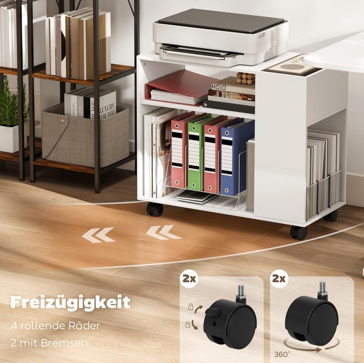BÜCHERREGAL 70/34/60 cm in Weiß mit Rollen und offenen Ablagen - Weiß, Holz (70/60/34cm) - BEAOK