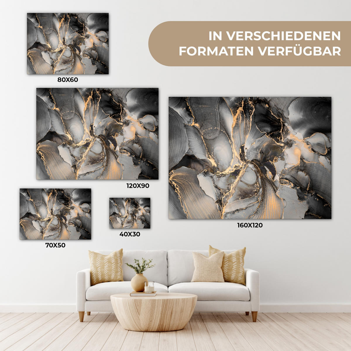 LEINWANDBILD Grau - Luxus - Gold - Marmor 40x30 cm - Dunkelgrau, Textil (40/30cm) - MuchoWow