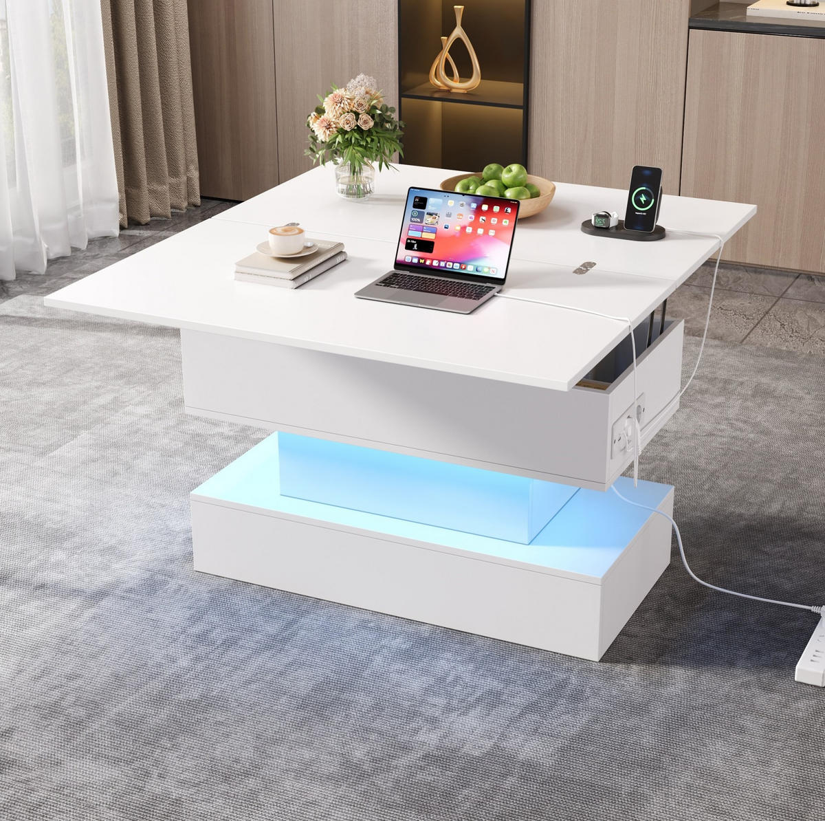 KONFERENČNÍ stolek 100/50/51,5 cm bílý z dřevotřísky se zdvihací deskou a LED - bílá, kompozitní dřevo (100/50/51.5cm) - OKWISH