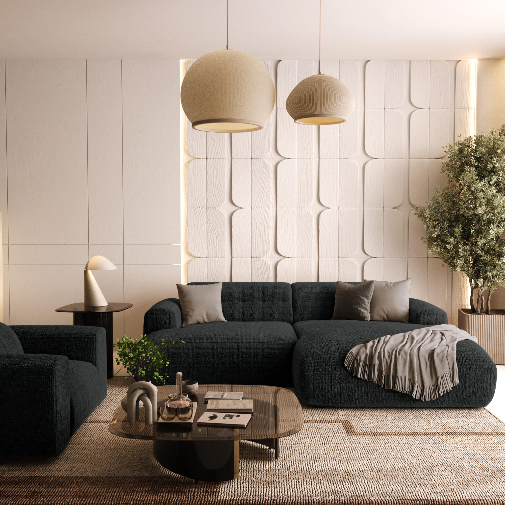 ECKSOFA RECHTS Gemusterter Samt Schwarz 266cm - Schwarz, Textil (266/165cm) - Sia Home
