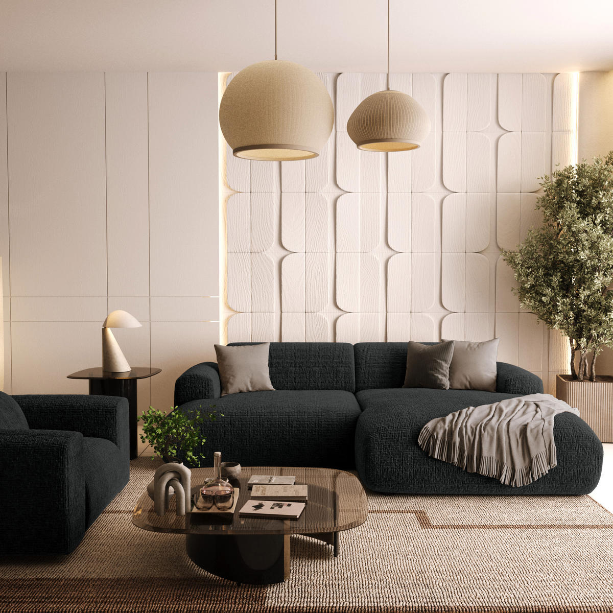 ECKSOFA RECHTS Gemusterter Samt Schwarz 266cm - Schwarz, Textil (266/165cm) - Sia Home