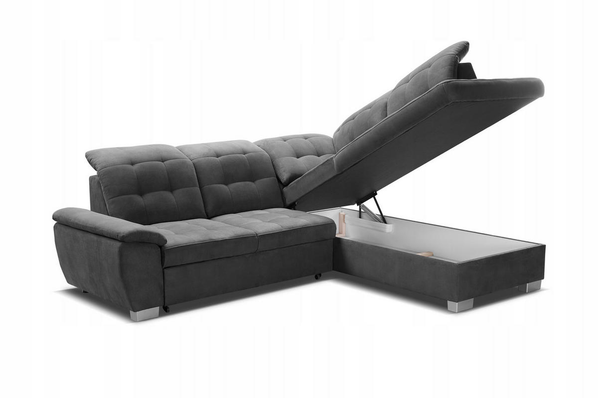 ECKSOFA LOTTA SALVADOR Bettkasten verstellbare Kopfstützen hochwertige Verarbeitung lose Rückenkissen freistehend RECHTS 258x212x106 cm Dark grey - Dunkelgrau, Holz/Textil (258/212cm) - DomoHome