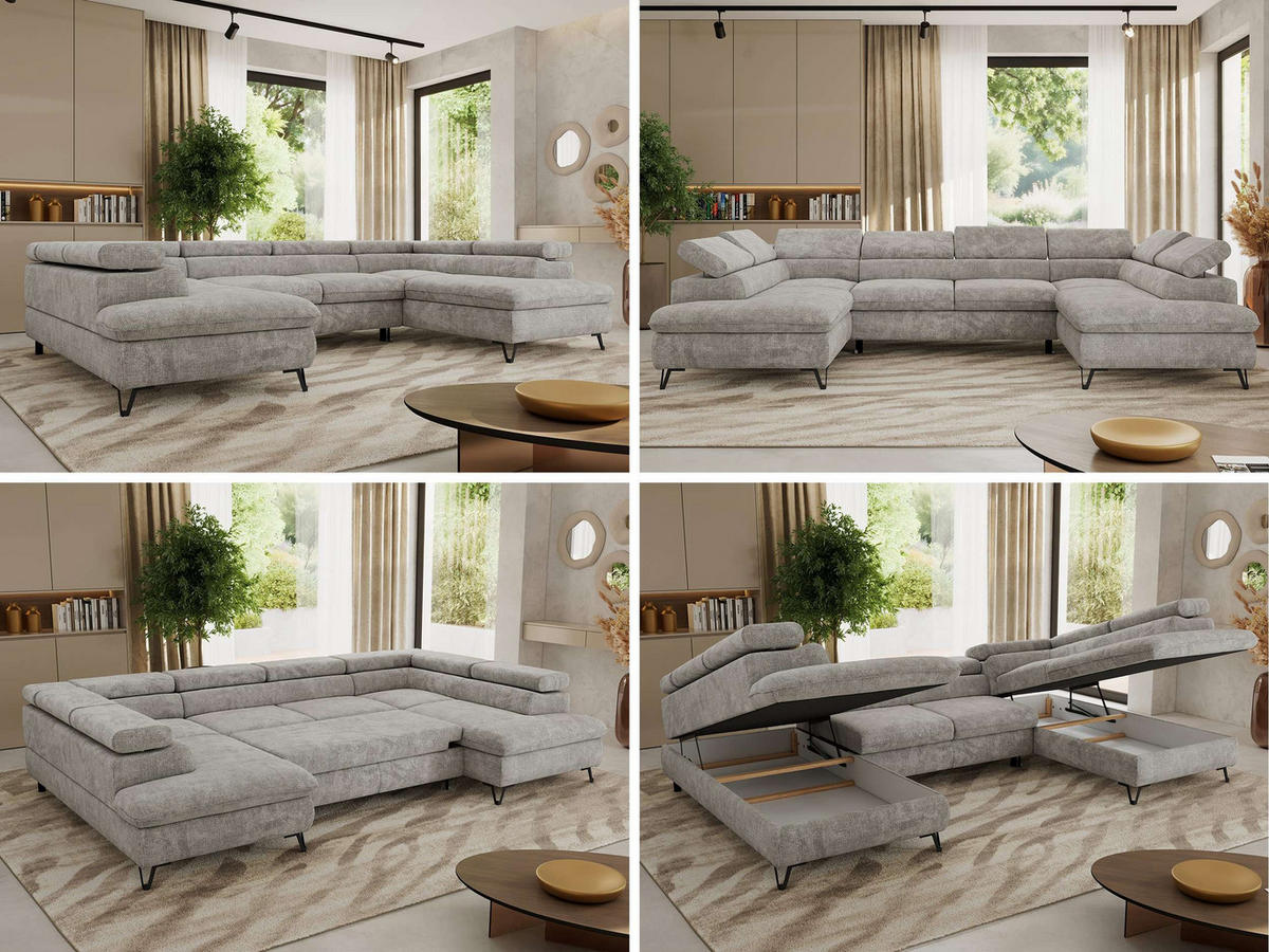 WOHNLANDSCHAFT PABLO U Schenille grob gewebt Hellgrau - Hellgrau/Schwarz, Textil/Metall (346/76/208cm) - MKS