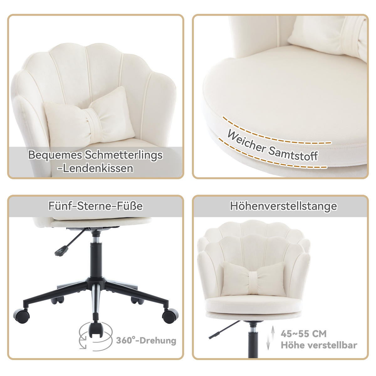 DREHSTUHL Höhenverstellbar, Samt, Beige - Ecru, Textil (62/73/55cm) - Kaket